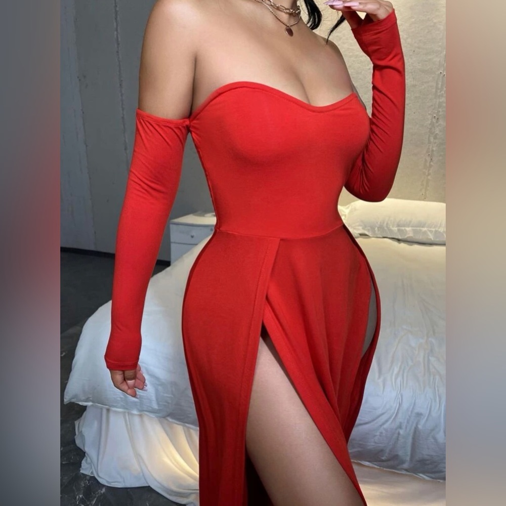 π―π Off Shoulder High Split Dress - Picture 3 of 12